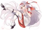  1girl alternate_costume black_footwear blush brown_eyes closed_mouth dress eyebrows_visible_through_hair full_body hair_between_eyes hairband kantai_collection long_hair red_serafuku school_uniform sensen short_sleeves shoukaku_(kantai_collection) silver_hair simple_background solo thigh-highs very_long_hair white_background white_legwear younger 