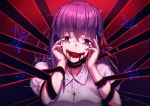  1girl :d absurdres black_ribbon blood blood_on_face bloody_tears bug butterfly fate/stay_night fate_(series) hair_between_eyes hair_ribbon head_tilt highres insect long_hair looking_at_viewer matou_sakura mazeru_(oekaki1210) open_mouth purple_hair red_ribbon ribbon shiny shiny_hair shirt short_sleeves smile solo upper_body violet_eyes white_shirt 