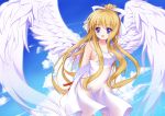  1girl :d air angel_wings arms_behind_back bangs blonde_hair blue_eyes blue_sky clouds collarbone cowboy_shot dress eyebrows_visible_through_hair feathered_wings floating_hair hair_ribbon hat hat_ribbon high_ponytail highres holding holding_hat kamio_misuzu leaning_forward long_hair looking_at_viewer open_mouth red_ribbon ribbon sky sleeveless sleeveless_dress smile solo standing sun_hat very_long_hair white_dress white_hat white_ribbon white_wings wings yumeiro_hanabi 