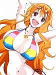  1girl :d arms_up bare_arms bare_shoulders bikini breasts brown_eyes cleavage collarbone hair_between_eyes highres jewelry large_breasts leaning_to_the_side long_hair looking_at_viewer multicolored multicolored_bikini multicolored_clothes multicolored_swimsuit nami_(one_piece) navel one_piece open_mouth orange_hair pendant side-tie_bikini side-tie_bottom sideboob skindentation smile solo stomach sukeno_yoshiaki swimsuit under_boob upper_body upper_teeth very_long_hair 