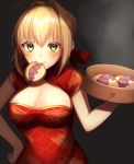  &gt;:) 1girl ahoge alternate_costume bangs black_background blonde_hair blush braided_bun breasts china_dress chinese_clothes cleavage commentary_request container dress eyebrows_visible_through_hair fate/grand_order fate_(series) food food_in_mouth food_request green_eyes hair_between_eyes hair_intakes hand_on_hip hand_up highres holding holding_food large_breasts looking_at_viewer mouth_hold nero_claudius_(fate) nero_claudius_(fate)_(all) red_dress short_hair short_sleeves sidelocks simple_background smile solo steam upper_body v-shaped_eyebrows yayoimaka03 