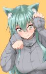  1girl alternate_costume animal_ears aqua_hair blush breasts cat_ears closed_mouth eyebrows_visible_through_hair green_eyes grey_sweater hair_between_eyes kantai_collection large_breasts long_hair mikagami_sou paw_pose simple_background slit_pupils smile solo suzuya_(kantai_collection) sweater yellow_background 