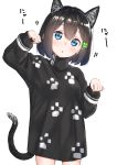  1girl :o animal_ears bangs black_hair black_sweater blue_eyes blush cat_ears cat_tail clover clover_hair_ornament eyebrows_visible_through_hair four-leaf_clover four-leaf_clover_hair_ornament hair_between_eyes hair_ornament highres long_sleeves looking_at_viewer open_mouth original paw_pose paw_print short_hair simple_background solo standing suzunari_shizuku sweater tail turtleneck turtleneck_sweater white_background yuki_arare 