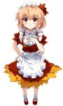  &gt;:) 1girl aki_shizuha alternate_costume apron bangs blonde_hair blush brown_eyes commentary_request e.o. enmaided eyebrows_visible_through_hair frilled_apron frilled_shirt_collar frills full_body hair_between_eyes hair_ornament highres leaf_hair_ornament leaf_print looking_at_viewer maid maid_apron maid_headdress mary_janes puffy_short_sleeves puffy_sleeves red_footwear red_shirt red_skirt shirt shoes short_hair short_sleeves simple_background skirt skirt_set smile socks solo standing touhou v-shaped_eyebrows waist_apron white_apron white_background white_legwear 