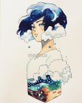  1girl artist_name blue_hair cloud_hair crescent_moon cropped_torso cube from_side highres meyoco moon original parted_lips photo shirt short_hair solo traditional_media upper_body waves white_shirt 