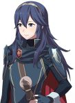  1girl a_meno0 blue_eyes blue_gloves blue_hair fingerless_gloves fire_emblem fire_emblem:_kakusei gloves hair_between_eyes hairband hand_on_hip intelligent_systems long_hair lucina nintendo shiny shiny_hair shoulder_armor simple_background solo standing upper_body white_background 