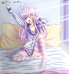  1girl ;o adapted_costume artist_name blush collarbone commentary_request full_body highres indoors light_rays long_hair messy_hair morning nepgear neptune_(series) on_bed one_eye_closed purple_hair signature sitting sleepwear solo stretch striped striped_legwear thigh-highs upper_teeth violet_eyes waking_up weresdrim window 