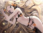  1girl abigail_williams_(fate/grand_order) bangs bare_shoulders black_bow black_bra black_legwear black_panties blonde_hair blue_eyes blush bow bra commentary_request fate/grand_order fate_(series) flat_chest forehead garter_belt hair_bow long_hair looking_at_viewer lying natsume_eri navel on_side open_mouth orange_bow panties parted_bangs polka_dot polka_dot_bow single_thighhigh solo stomach_(organ) thigh-highs thighs underwear underwear_only very_long_hair 