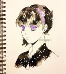  1girl artist_name black_hair eyebrows_visible_through_hair hair_ornament hairpin highres inktober limited_palette meyoco original photo portrait short_hair solo spot_color star traditional_media violet_eyes 