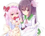  2girls :o absurdres animal_ears apron azur_lane bangs blue_shirt blush bow box brown_apron brown_hair cat_ears cherry_print commentary_request covered_mouth crossover eyebrows_visible_through_hair food_print frilled_apron frills gift gift_box green_sailor_collar green_skirt hair_between_eyes hair_bow hair_ornament heart-shaped_box highres holding holding_gift kantai_collection kappougi kisaragi_(azur_lane) kisaragi_(kantai_collection) long_hair long_sleeves multiple_girls namesake nekoyanagi_(azelsynn) parted_lips pink_eyes pink_hair pleated_skirt print_apron red_bow sailor_collar school_uniform serafuku shirt simple_background skirt valentine very_long_hair violet_eyes white_apron white_background white_sailor_collar 