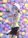  1girl angel_beats! bangs blush breasts eyebrows_visible_through_hair flower hair_between_eyes hat highres holding holding_hat key_(company) long_hair long_sleeves looking_at_viewer open_mouth petals sayuui school_uniform silver_hair skirt small_breasts smile solo standing tachibana_kanade yellow_eyes 