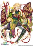  1girl :d acacia_(flower_knight_girl) animal blonde_hair boar chinese_zodiac city_forest_online copyright_name floral_print flower flower_knight_girl full_body green_kimono hair_flower hair_ornament happy japanese_clothes kimono looking_at_viewer obi official_art open_mouth print_kimono sandals sash short_hair simple_background smile smoke solo sword violet_eyes weapon white_background year_of_the_pig 
