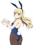  1girl animal_ears ass back bangs blonde_hair blue_leotard blunt_bangs breasts bunny_tail closed_mouth commentary cowboy_shot detached_collar eyebrows_visible_through_hair fake_animal_ears fake_tail from_behind glasses holding_teapot leotard long_hair looking_at_viewer looking_back nanashino pantyhose perrine_h_clostermann rabbit_ears simple_background small_breasts smile solo standing strapless strapless_leotard strike_witches tail teapot thighs white_background wind world_witches_series wrist_cuffs yellow_eyes 