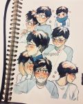  1boy artist_name black_hair blue_scarf blush eyewear_removed flower glasses hands_on_own_face highres katsuki_yuuri male_focus meyoco multiple_views photo pink_flower profile scarf smile sweatdrop traditional_media yuri!!!_on_ice 