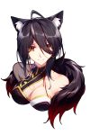  1girl ahoge animal_ears ara_han black_hair breasts cat_ears cleavage collarbone devi_(elsword) earrings elsword eyebrows_visible_through_hair eyes_visible_through_hair fluffy hair_over_one_eye jewelry smile yellow_eyes yun_(outsidey) 