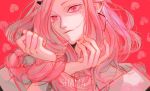  artist_name braid earrings eyelashes heart highres horns jewelry kalmia_(shama) long_hair nail official_art original pink_background pink_eyes pink_hair prison_clothes shama_(vocaloid) simple_background smile solo song_name upper_body wooma 