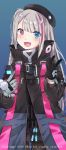  1girl absurdres bangs beret black_coat blue_eyes blush cellphone copyright cowboy_shot eyebrows_visible_through_hair eyes_visible_through_hair fang flip_phone girls_frontline gloves grey_hair hat heterochromia highres load_bearing_vest long_hair long_sleeves looking_at_viewer mdr_(girls_frontline) multicolored_hair one_side_up open_mouth pantyhose phone pink_eyes pink_hair sidelocks smile solo strap streaked_hair thigh_gap urim_(paintur) v 