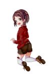  1girl ass bangs belt blush boots bow brown_belt brown_eyes brown_footwear brown_hair brown_shorts full_body highres jacket kneeling long_sleeves looking_at_viewer looking_back mizukoshi_mio open_mouth pisuke red_bow red_jacket ryuuou_no_oshigoto! shoe_soles short_shorts shorts simple_background solo thigh-highs thighhighs_under_boots white_background white_legwear 