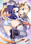  1girl abigail_williams_(fate/grand_order) alternate_costume animal_ears apron ass bangs black_bow black_dress black_footwear blonde_hair blue_eyes blue_panties blush boots bow breasts cat_ears cat_tail cup double_bun dress enmaided fate/grand_order fate_(series) forehead frills fujima_takuya gradient gradient_background hair_bow hair_bun heart juliet_sleeves kettle long_hair long_sleeves looking_at_viewer looking_back maid maid_headdress open_mouth orange_bow orange_ribbon panties parted_bangs polka_dot polka_dot_bow puffy_sleeves ribbon small_breasts solo striped striped_panties tail teacup thigh-highs thighs tray underwear upskirt white_legwear wide_sleeves 