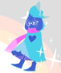  1boy black_skin cloak deltarune fangs full_body glasses green_hat hat heart highres lavender_background looking_down male_focus monster_boy ouse_(otussger) pink_scarf purple_background ralsei scarf shoes simple_background smile solo sparkle 