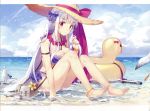  1girl absurdres anklet azur_lane barefoot beach bikini bird breasts cleavage clouds cloudy_sky cygnet_(azur_lane) day feet flower frilled_bikini frills hat hat_ribbon highres innertube jewelry large_breasts lei long_hair maya_g ocean outdoors pink_eyes ribbon rubber_duck scan seagull silver_hair sitting sky solo straw_hat sun_hat swimsuit toes very_long_hair violet_eyes water 