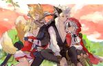  2boys 2girls animal_ears black_hair blonde_hair brown_hair closed_eyes closed_mouth father_and_daughter fire_emblem fire_emblem_if flannel_(fire_emblem_if) fox_ears fox_tail from_side fur_trim gloves grass grey_hair hood hood_up hug japanese_clothes kinu_(fire_emblem_if) long_hair long_sleeves multicolored_hair multiple_boys multiple_girls nintendo nishiki_(fire_emblem_if) open_mouth pants parted_lips red_eyes sasaki_(dkenpisss) scarf short_hair signature sitting streaked_hair tail velour_(fire_emblem_if) wolf_ears 