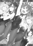  5girls :d ahoge akino_sakura_(oresuki) animal_ears arm_up armpits bangs blunt_bangs blush bow bowtie breasts bridal_gauntlets bunny_ears_prank bunnysuit buriki choker cleavage covered_navel covering covering_one_breast detached_sleeves dutch_angle embarrassed eyebrows_visible_through_hair fake_animal_ears fang fishnet_pantyhose fishnets flower from_below gloves greyscale hair_flower hair_ornament hairband heart_ahoge highres hinata_aoi leotard long_hair long_sleeves looking_at_viewer medium_breasts monochrome multiple_girls novel_illustration official_art open_mouth ore_wo_suki_nano_wa_omae_dake_ka_yo pantyhose sanshokuin_sumireko shiny shiny_clothes side_ponytail sideboob small_breasts smile strapless strapless_leotard sunflower sweatdrop very_long_hair 