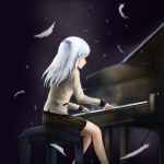  1girl 531314802 angel_beats! bangs bare_legs black_background closed_eyes facing_away feathers hair_ornament highres instrument jacket key_(company) long_hair long_sleeves music piano playing_instrument playing_piano ponytail school_uniform silver_hair simple_background sitting very_long_hair 