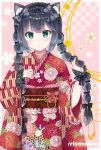  1girl :o animal_ears artist_name bangs black_bow black_hair black_hairband blush bow braid cat_day cat_ears floral_background floral_print green_eyes hair_bow hairband hand_on_own_chest holding holding_hair japanese_clothes kimono kuu-chan_(sakurai_makoto_(custom_size)) lolita_hairband long_hair long_sleeves looking_at_viewer obi original pink_background pink_bow polka_dot polka_dot_bow red_kimono sakurai_makoto_(custom_size) sash sidelocks solo twin_braids wide_sleeves wrist_cuffs 