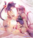  2girls animal_ears artist_name bell black_bra black_panties bow bra breasts cat_day cat_ears cat_tail commentary_request eyebrows_visible_through_hair fate/stay_night fate_(series) glasses gloves jingle_bell kemonomimi_mode kneeling long_hair looking_at_another matou_sakura medium_breasts multiple_girls panties paw_gloves paws pink_bow pink_hair purple_hair rider sitting tail tail_bow underwear underwear_only violet_eyes white_bra white_panties yokaranu_yuuna 