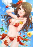  1girl ayumi_(as0206) bikini blue_sky breasts brown_eyes brown_hair clouds commentary_request cowboy_shot day flower frilled_bikini frills half_updo highres idolmaster idolmaster_cinderella_girls looking_at_viewer medium_breasts one_side_up open_mouth outdoors red_bikini shimamura_uzuki side-tie_bikini sky smile solo standing swimsuit 