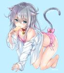  1girl all_fours animal_ears bare_legs bare_shoulders barefoot bell belt_collar blue_background blue_eyes blush bra breasts cat_day cat_ears cat_tail collar collarbone commentary_request dripping eating food frilled_panties frills full_body grey_hair hair_between_eyes hand_up hibiki_(kantai_collection) highres holding jingle_bell kantai_collection kemonomimi_mode lace lace-trimmed_bra lingerie long_sleeves notice_lines off_shoulder open_clothes open_shirt panties pink_bra pink_panties pink_ribbon popsicle ribbon sakura_honoka_(srhk0623) shirt side-tie_panties sidelocks simple_background small_breasts solo striped striped_ribbon tail tail_ribbon thighs twitter_username underwear white_shirt 