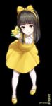  1girl :d absurdres bangs black_background blunt_bangs blush bouquet bow brown_eyes brown_hair collared_shirt commentary copyright_name devotion dress dress_shirt du_meishin eyebrows_visible_through_hair flower full_body hair_bow hairband head_tilt highres long_hair looking_at_viewer mary_janes open_mouth pantyhose shirt shoes simple_background sleeveless sleeveless_dress smile solo standing too-ye translation_request tulip white_legwear white_shirt yellow_bow yellow_dress yellow_flower yellow_footwear yellow_hairband yellow_tulip 