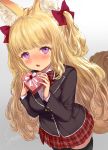  1girl animal_ear_fluff animal_ears artist_name bangs black_jacket black_legwear blazer blonde_hair blunt_bangs blush bow bowtie box breasts buttons collared_shirt commentary_request eyebrows_visible_through_hair fang fox_ears fox_tail gift gift_box grey_background hair_bow heart-shaped_box highres holding holding_gift jacket large_breasts long_hair long_sleeves looking_at_viewer open_mouth open_pajamas original plaid plaid_bow plaid_skirt red_bow red_neckwear red_skirt school_uniform shirt short_eyebrows signature simple_background skirt solo standing tail thigh-highs twintails valentine very_long_hair violet_eyes wavy_hair white_shirt yapo_(croquis_side) zettai_ryouiki 