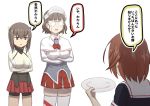  3girls bangs blunt_bangs breast_padding breasts brown_eyes brown_hair capelet character_request glasses headdress headgear kantai_collection large_breasts misumi_(niku-kyu) multiple_girls opaque_glasses open_mouth pince-nez plate pleated_skirt roma_(kantai_collection) shorts shorts_under_skirt skirt taihou_(kantai_collection) thigh-highs translated wavy_hair zettai_ryouiki 