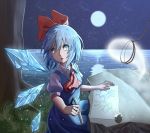 1girl ascot bangs blue_dress blue_eyes blue_hair bow child_drawing cirno commentary_request daiyousei dress eyebrows_visible_through_hair full_moon grass hair_between_eyes hair_bow highres hitodama holding holding_pencil ice ice_wings leash light_particles looking_to_the_side minuo moon night night_sky outdoors paper parted_lips pencil pinafore_dress puffy_short_sleeves puffy_sleeves red_bow red_neckwear rock shirt short_hair short_sleeves sitting sky solo star_(sky) starry_sky touhou tree water white_shirt wing_collar wings 