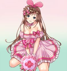  1girl a.i._channel alternate_costume aqua_background bangs bare_shoulders blue_background blue_eyes blush bouquet bow breasts brown_hair choker cleavage crown detached_sleeves dress flower frilled_choker frills gradient gradient_background hair_ornament hairband head_tilt heart_pendant holding holding_bouquet jewelry kizuna_ai long_hair looking_at_viewer medium_breasts mini_crown parted_lips pendant pink_background pink_dress pink_flower pink_rose puffy_short_sleeves puffy_sleeves rose sash shiny shiny_hair short_sleeves sitting sleeveless sleeveless_dress smile solo strapless strapless_dress striped striped_dress swept_bangs tilted_headwear u0709 v_arms vertical-striped_dress vertical_stripes very_long_hair virtual_youtuber waist_bow wariza white_flower white_rose 