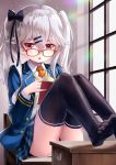  1girl :o ass bangs black_bow black_legwear blazer blue_jacket blue_skirt blush book bow collared_shirt commentary_request eyebrows_visible_through_hair glasses hair_between_eyes hair_bow hair_ornament hairclip highres jacket long_hair looking_over_eyewear moe2019 necktie no_shoes open_blazer open_book open_clothes open_jacket orange_neckwear original panties parted_lips plaid plaid_skirt pleated_skirt red-framed_eyewear red_eyes rin2008 shirt silver_hair sitting skirt soles solo sweater_vest thigh-highs twintails underwear white_panties white_shirt window 