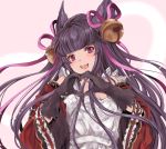  1girl :d animal_ears bell black_gloves black_hair commentary_request erune fox_ears gloves granblue_fantasy hair_bell hair_ornament highres hinahino jingle_bell long_hair looking_at_viewer open_mouth smile solo teeth valentine very_long_hair violet_eyes yuel_(granblue_fantasy) 