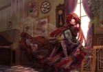  1girl bare_shoulders clock commentary curtains flower frilled_skirt frills full_body grandfather_clock hekicha highres holding indoors instrument long_hair looking_at_viewer original painting_(object) pantyhose piano portrait_(object) red_eyes red_footwear redhead ribbon rose sitting skirt slippers solo strappy_heels window 