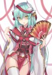  100 1girl :o aqua_hair blush commentary_request cowboy_shot dragon_horns fan fate/grand_order fate_(series) folding_fan green_eyes hair_between_eyes hair_ornament highres holding holding_fan horns japanese_clothes kimono kiyohime_(fate/grand_order) lace_trim long_hair long_sleeves looking_at_viewer obi parted_lips pelvic_curtain red_ribbon ribbon sash side_slit sidelocks solo standing thigh-highs thighs very_long_hair white_background white_kimono white_legwear wide_sleeves 