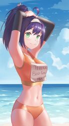  1girl absurdres ahoge armpits arms_up awan0918 belt bikini breasts detached_sleeves elbow_pads fingerless_gloves fire_emblem fire_emblem:_souen_no_kiseki gloves green_eyes gym_shirt gym_shorts hairband headband highres knee_pads long_hair looking_at_viewer medium_breasts navel nintendo ponytail purple_hair red_shorts shirt shoes short_shorts shorts sleeveless sleeveless_shirt smile sneakers solo sportswear standing volleyball volleyball_uniform wayu_(fire_emblem) white_hairband white_headband 