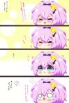  ... 1girl 4koma :&lt; :d =_= absurdres azur_lane blush chibi closed_eyes closed_mouth comic commentary_request crown fang flying_sweatdrops green_eyes highres javelin_(azur_lane) kurukurumagical mini_crown open_mouth ponytail purple_hair ribbon smile tears translation_request triangle_mouth 
