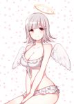  1girl angel angel_wings arms_between_legs bare_arms bare_shoulders bikini bikini_bottom bikini_top breasts collarbone commentary_request dangan_ronpa dasulchan eyebrows_visible_through_hair feathered_wings flipped_hair hair_ornament hairclip halo large_breasts light_brown_hair looking_at_viewer mole mole_on_breast nanami_chiaki pink_eyes short_hair simple_background sitting smile solo super_dangan_ronpa_2 swimsuit white_bikini white_wings wings 