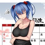  1girl aoshima bangs bare_arms bare_shoulders blue_background blue_hair breast_hold breasts camisole cleavage closed_eyes collarbone commentary_request eyebrows_visible_through_hair hair_between_eyes hair_bobbles hair_ornament hand_up head_tilt highres kawashiro_nitori large_breasts no_hat no_headwear outline pink_lips short_hair solo spaghetti_strap squiggle sweat touhou translated twintails two-tone_background upper_body white_background white_outline 