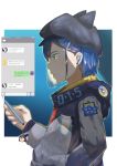  1girl absurdres artist_name bangs blue_flower blue_hair blue_hat cellphone character_name chat_log commentary_request darling_in_the_franxx delphinium_(darling_in_the_franxx) drill earphones earphones flower from_side frown gorou_(darling_in_the_franxx) gradient gradient_background green_eyes hair_ornament hair_pulled_back hairclip hand_in_pocket hat hat_with_ears highres hiro_(darling_in_the_franxx) holding holding_cellphone holding_phone hood hoodie ichigo_(darling_in_the_franxx) keychain liang_(d.r.) looking_at_screen matoi_ryuuko multicolored_hoodie one_eye_covered phone shaded_face short_hair simple_background solo_focus standing translation_request visor 