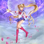  1girl athenawyrm back_bow bishoujo_senshi_sailor_moon blonde_hair blue_eyes blue_sailor_collar blue_skirt boots bow cherry_blossoms choker collarbone double_bun floating_hair full_body full_moon gloves hair_ornament holding_stick knee_boots long_hair looking_at_viewer magical_girl miniskirt moon pink_footwear pink_neckwear pleated_skirt sailor_collar sailor_moon sailor_senshi_uniform shirt short_sleeves skirt smile solo tiara twintails very_long_hair white_gloves white_shirt 