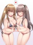  2girls asymmetrical_docking bangs bikini black_bikini blush breast_press breasts brown_eyes brown_hair cleavage eyebrows_visible_through_hair girls_frontline grey_hair hair_between_eyes heart heart_hands highres long_hair looking_at_viewer medium_breasts multiple_girls navel one_eye_closed one_side_up red_eyes scar scar_across_eye side-tie_bikini small_breasts smile spicy_moo spoken_heart stomach swimsuit ump45_(girls_frontline) ump9_(girls_frontline) white_bikini 