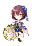  1girl absurdres black_gloves blue_eyes blue_ribbon blush braid brown_hair chibi closed_eyes fingerless_gloves flower flower_knight_girl gloves grin hair_flower hair_ornament highres one_eye_closed open_mouth ribbon shironeko_haru short_hair smile statice_(flower_knight_girl) 