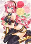  1girl arm_tattoo armband bare_shoulders black_legwear blue_eyes boots breasts colored_pencil_(medium) detached_sleeves flower fujiwara_minaho hairband kneeling long_hair looking_at_viewer marker_(medium) medium_breasts megurine_luka navel pink_hair side_slit smile solo tattoo thigh-highs thighs traditional_media vocaloid 